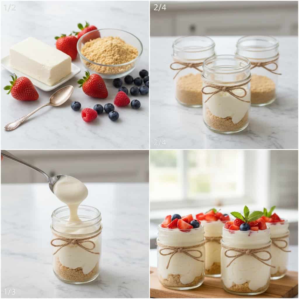 Step by step process of making no bake cheesecake jars