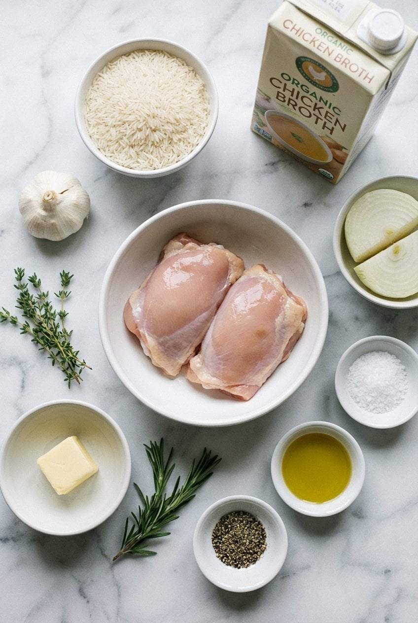 Raw ingredients for one pot chicken and rice