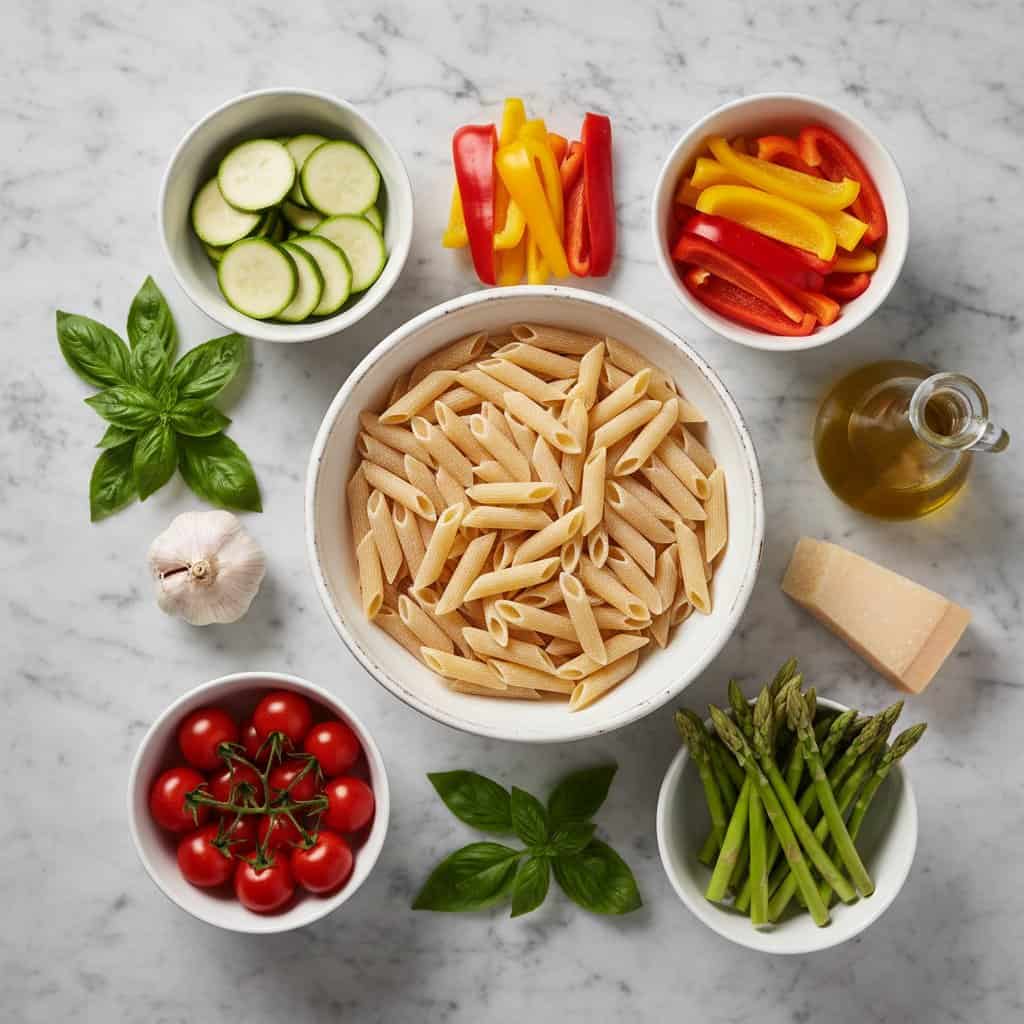 Ingredients for one pot pasta primavera