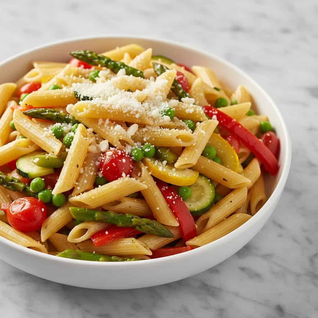 Close up of one pot pasta primavera