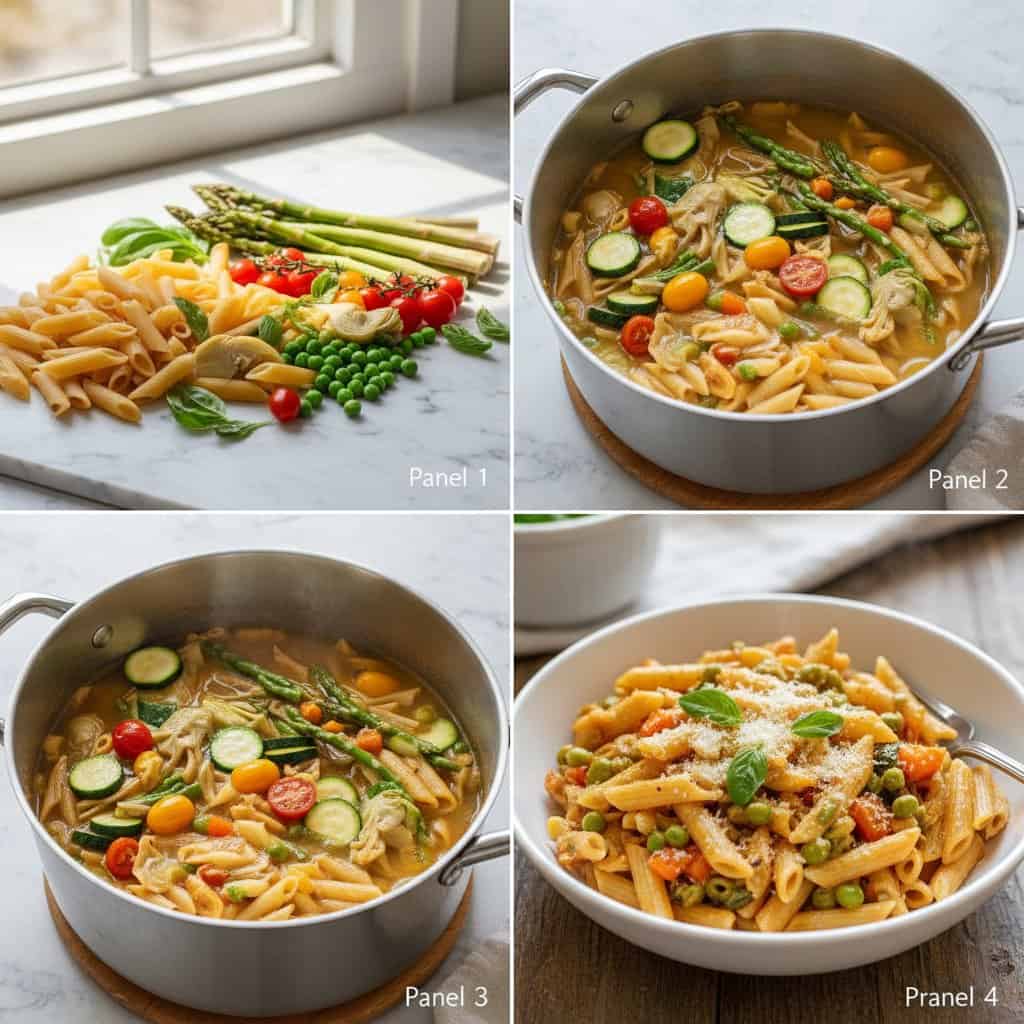 Step by step process for one pot pasta primavera