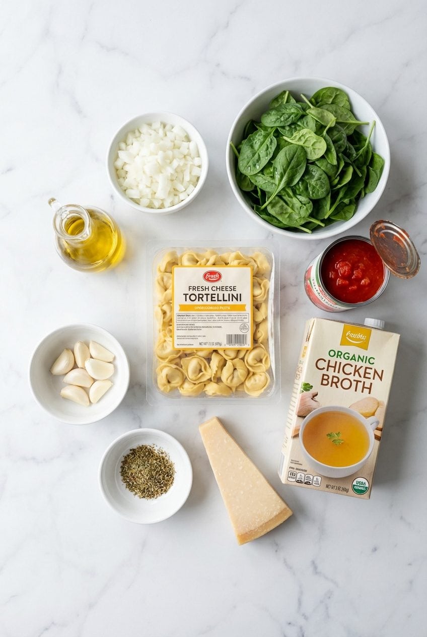 Raw ingredients for spinach tortellini soup