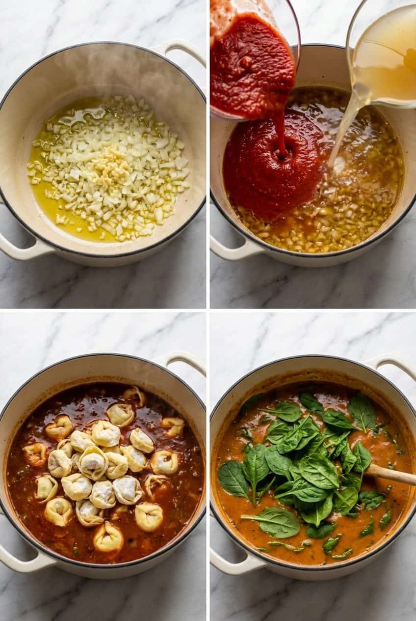 Step by step process of making spinach tortellini soup