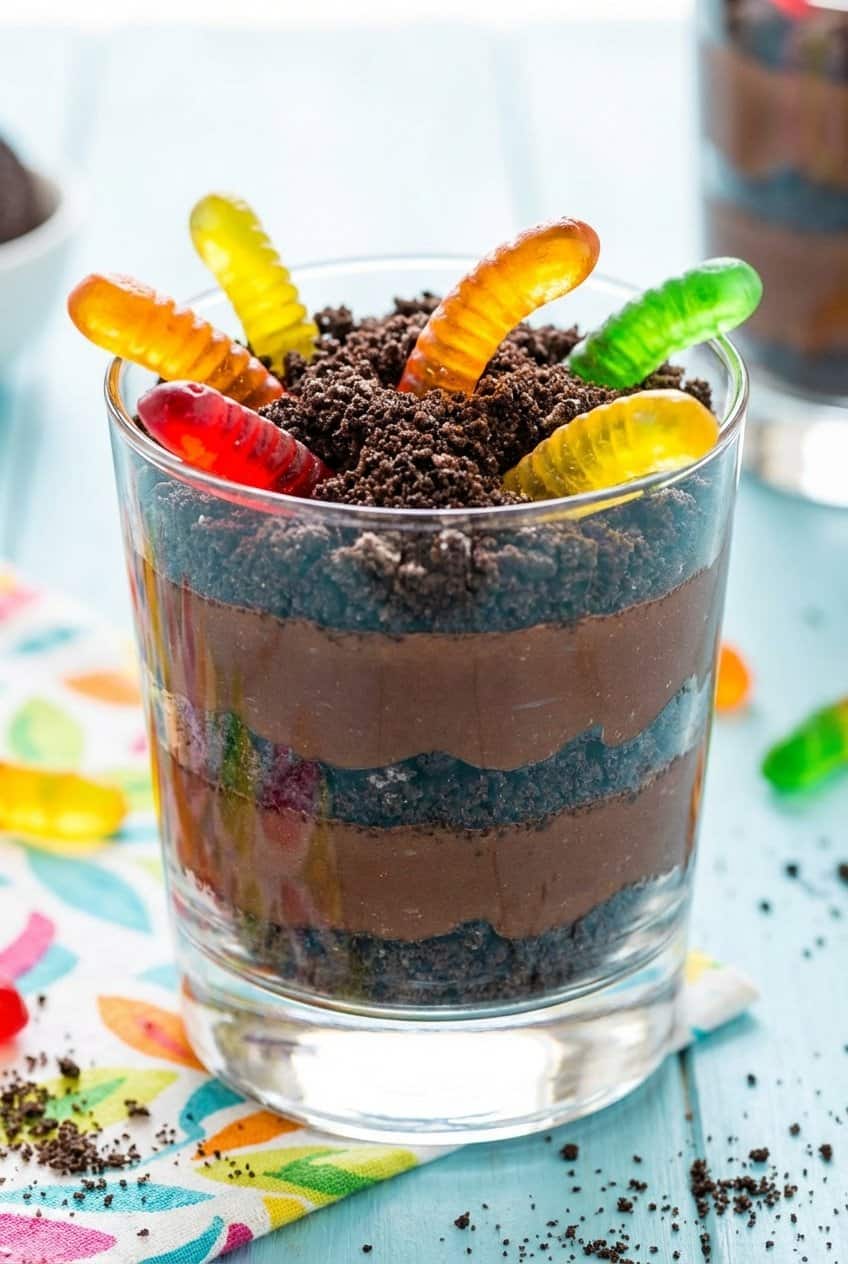 Close up of Oreo dirt cup with gummy worms