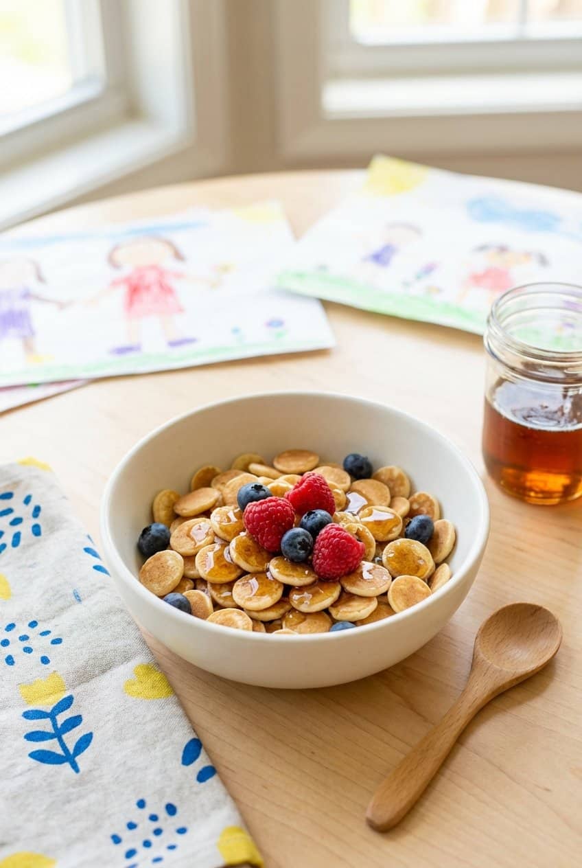 Tiny mini pancake cereal in a white bowl with maple syrup and fresh berries