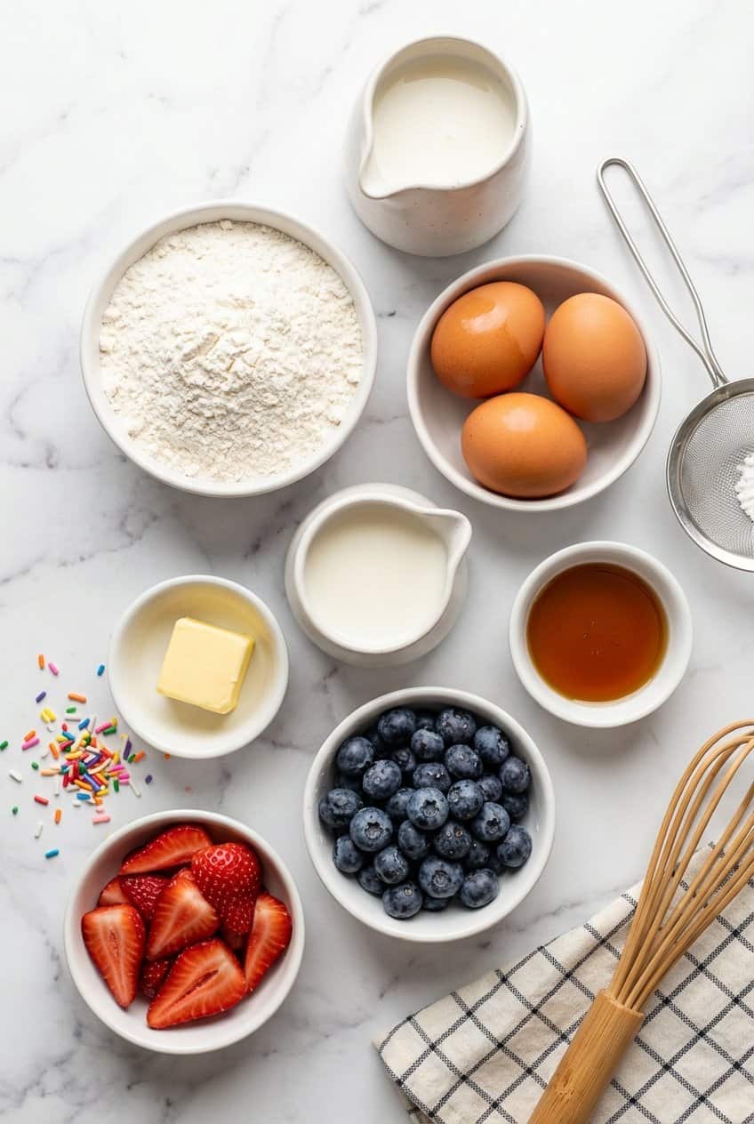 Raw ingredients for pancake cereal laid out in white bowls