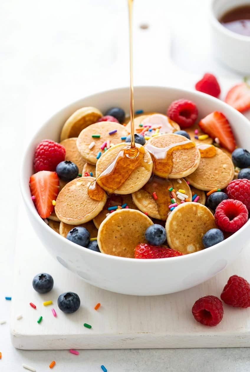 Close up of pancake cereal with maple syrup and colorful toppings
