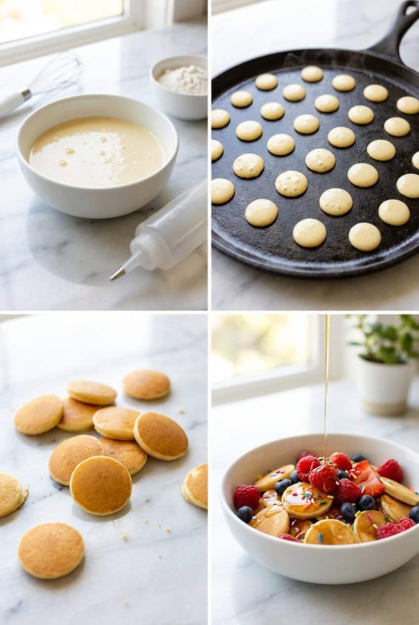 Step by step process of making tiny pancake cereal