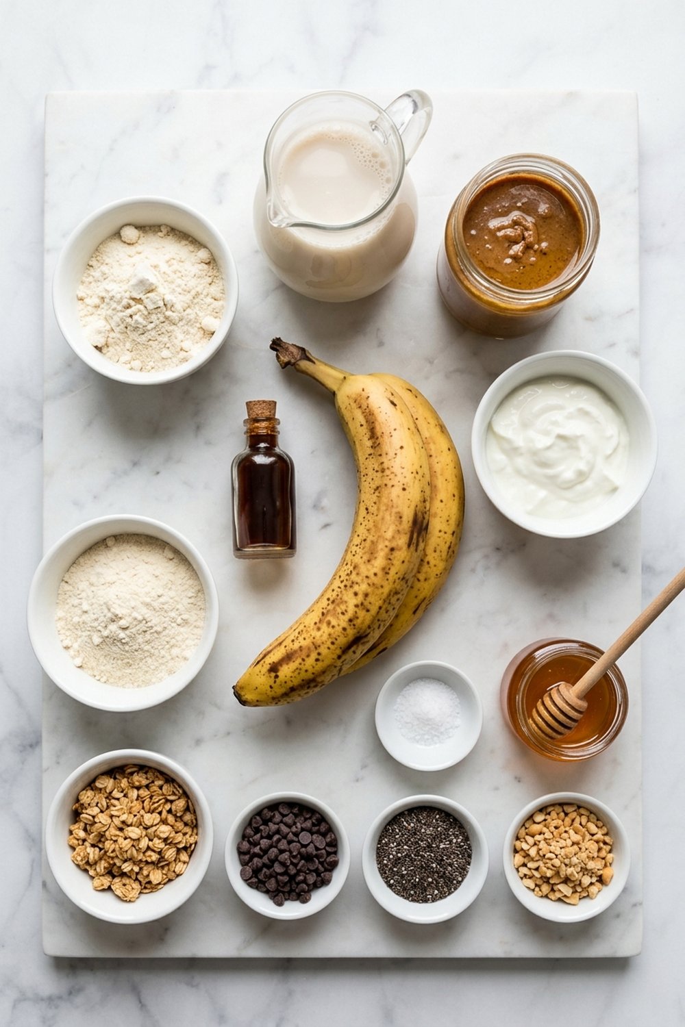 Flat lay of ingredients for peanut butter banana smoothie bowl on white marble