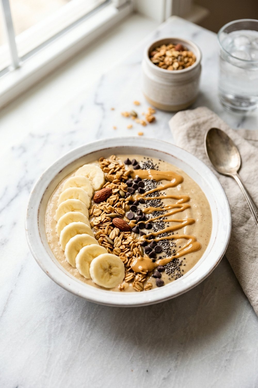 Peanut butter banana smoothie bowl with banana slices granola and chocolate chips