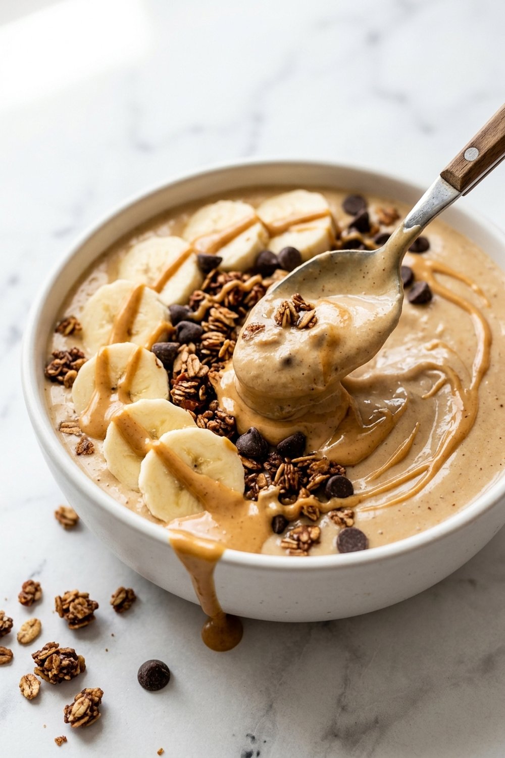 Close up of peanut butter banana smoothie bowl with peanut butter drizzle