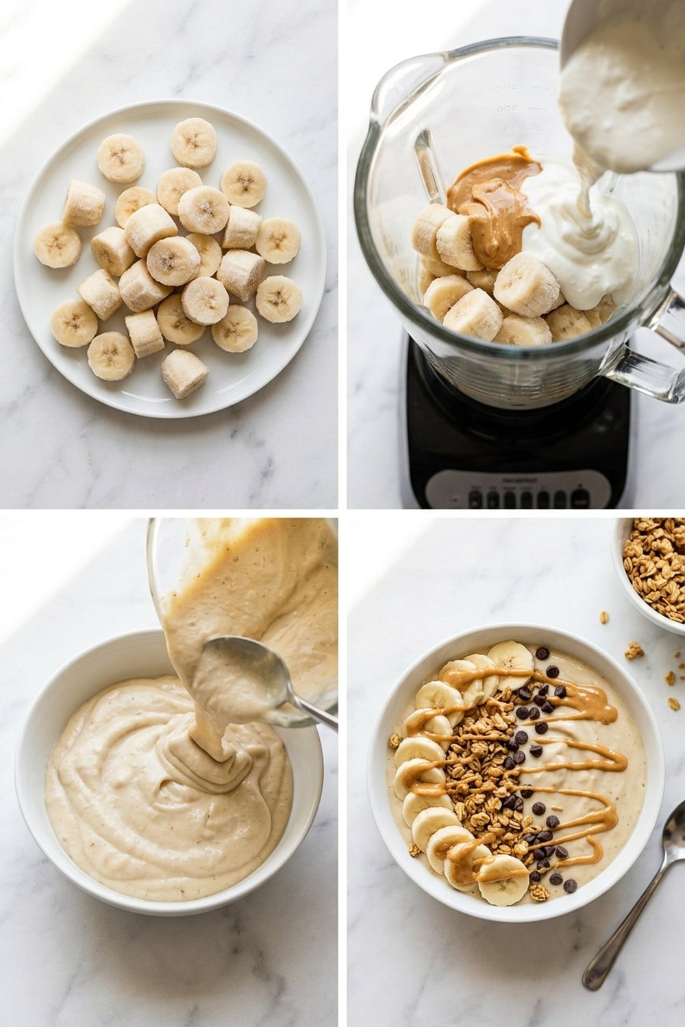 Four step process collage for peanut butter banana smoothie bowl