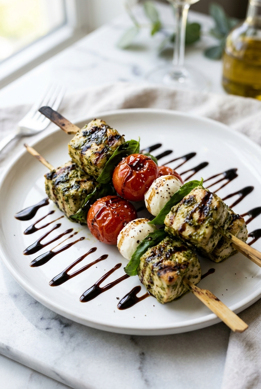 Pesto Chicken Caprese Skewers close up