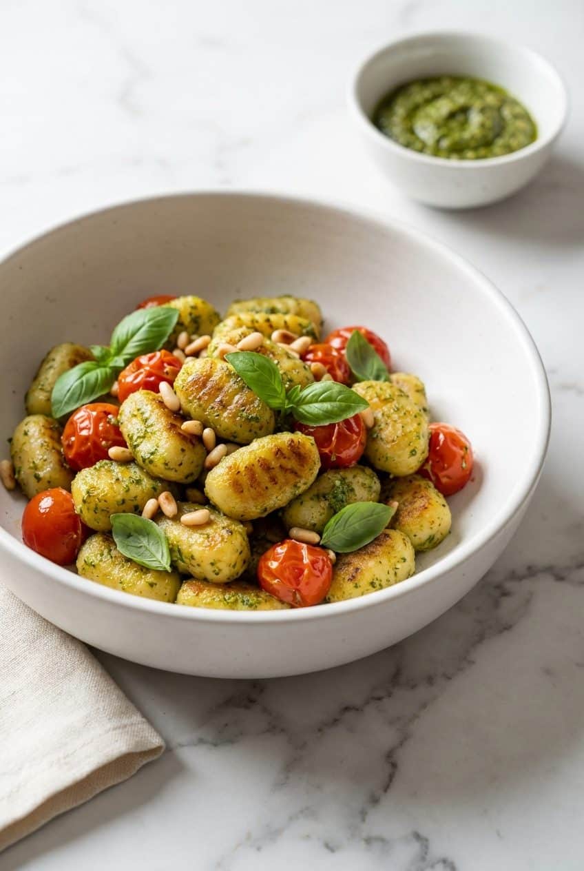 Pesto gnocchi with cherry tomatoes basil and mozzarella