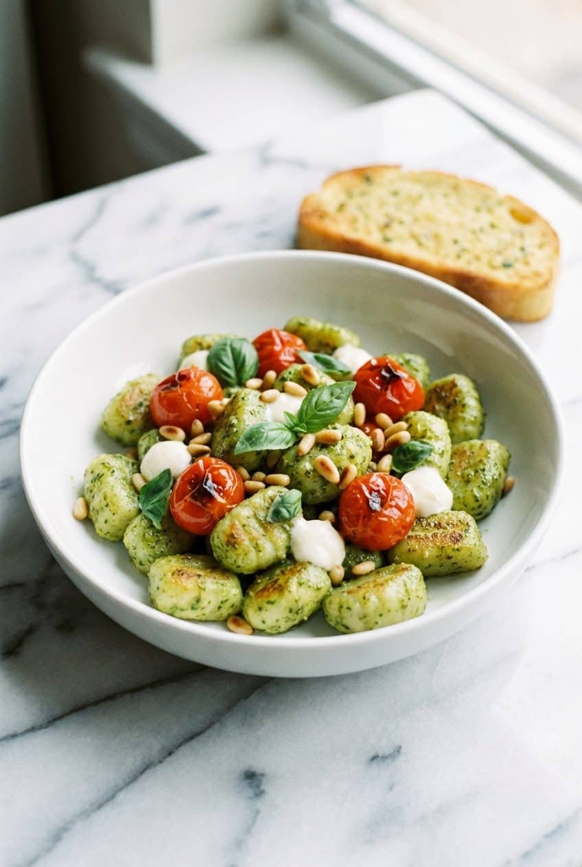 Single serving pesto gnocchi with tomatoes and mozzarella