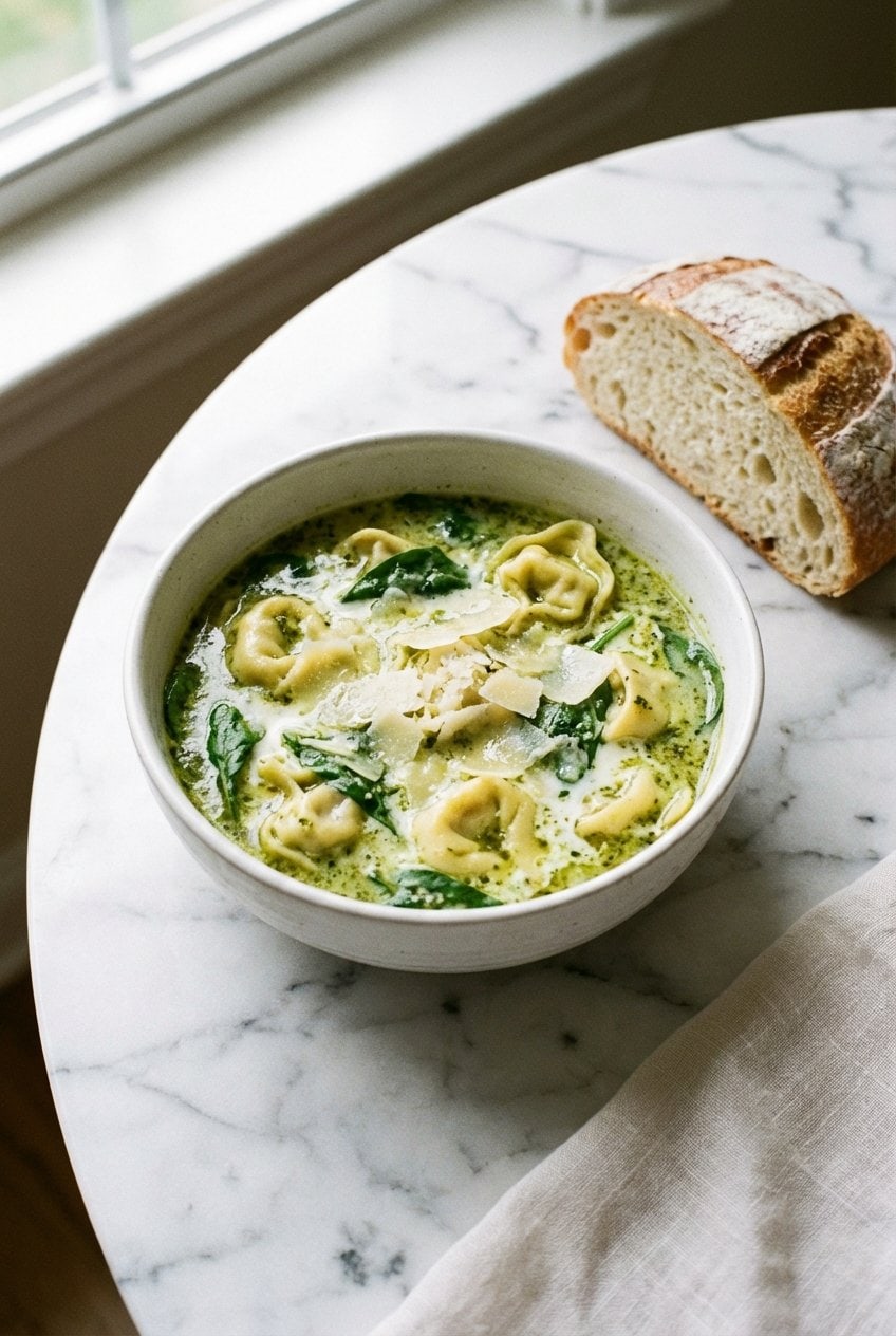 Pesto tortellini soup in a white ceramic bowl with parmesan shavings