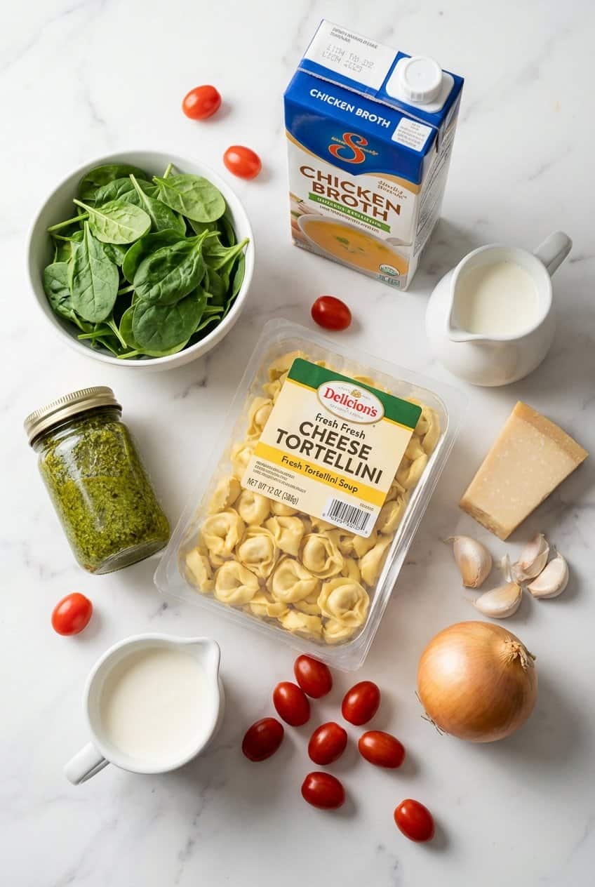 Raw ingredients for pesto tortellini soup laid out on marble