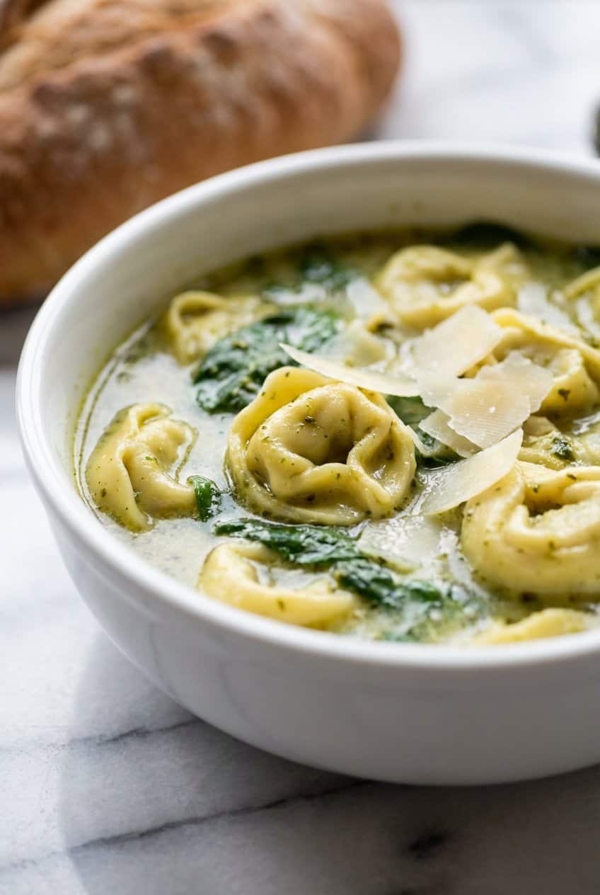 Close up of pesto tortellini soup with parmesan shavings