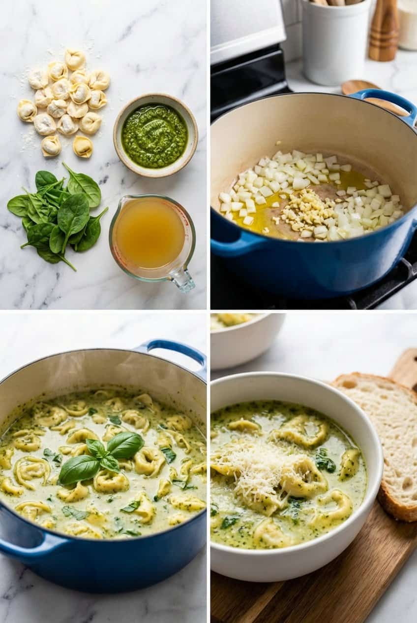 Step by step process of making pesto tortellini soup
