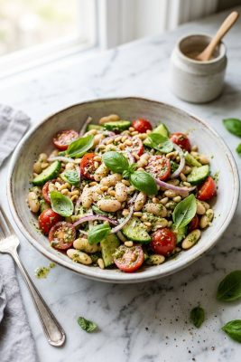 Pesto White Bean Salad served on a plate