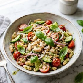 Pesto White Bean Salad served on a plate