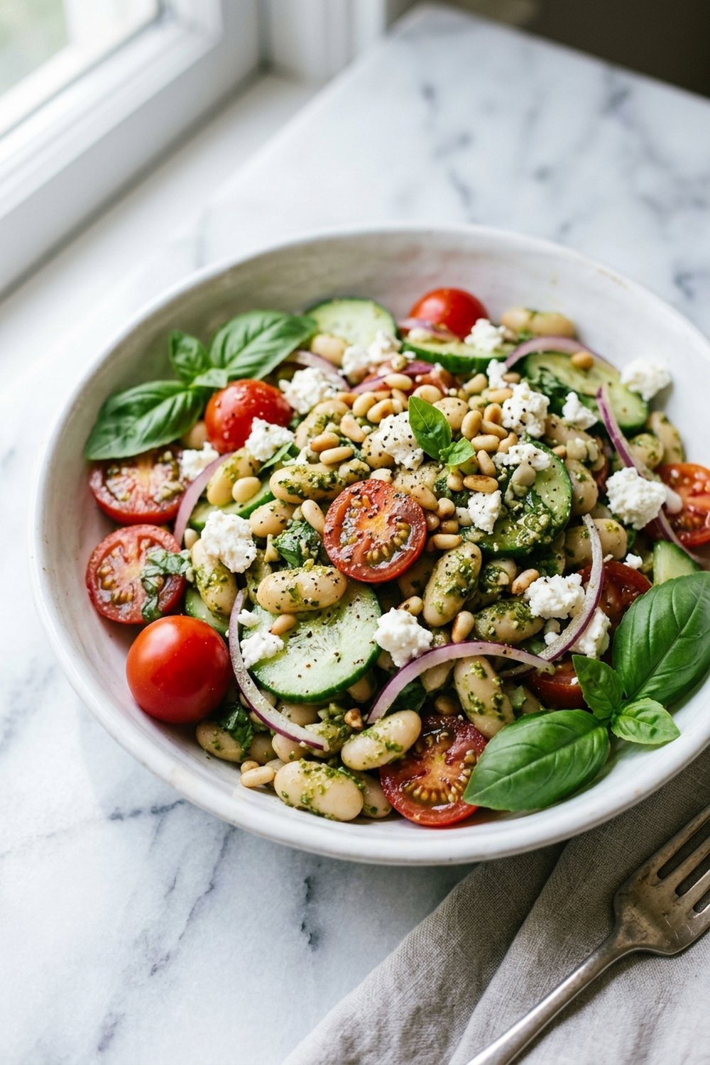 Pesto White Bean Salad close up