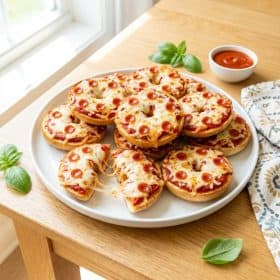 Pizza bagel bites with melted cheese and pepperoni on a white plate