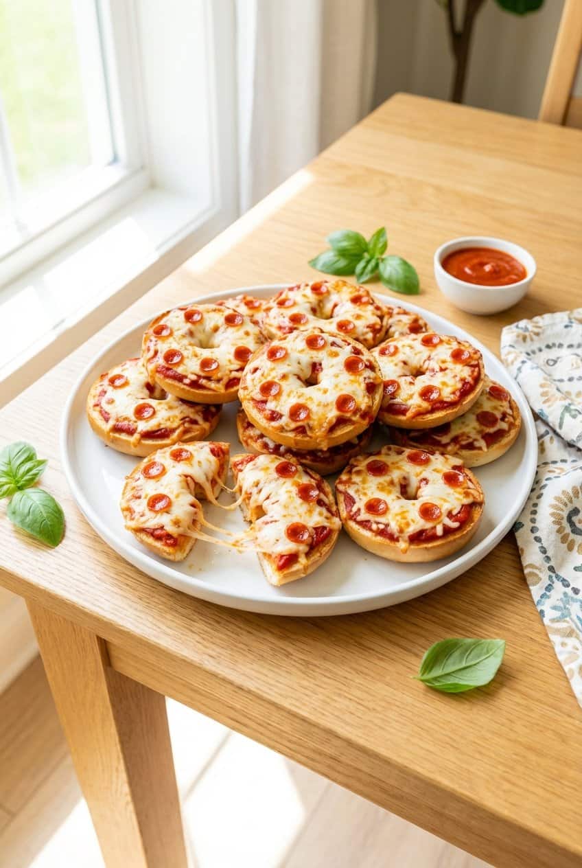 Pizza bagel bites with melted cheese and pepperoni on a white plate
