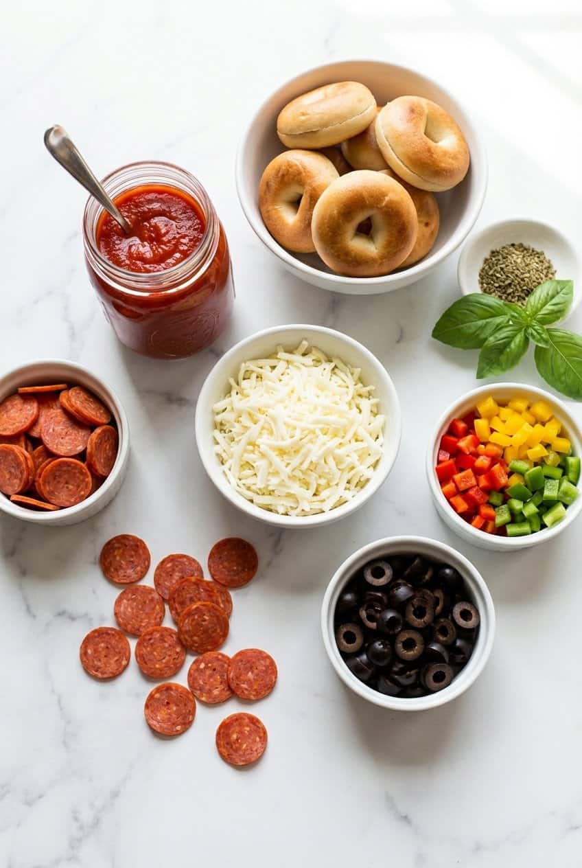 Raw ingredients for pizza bagel bites in white bowls