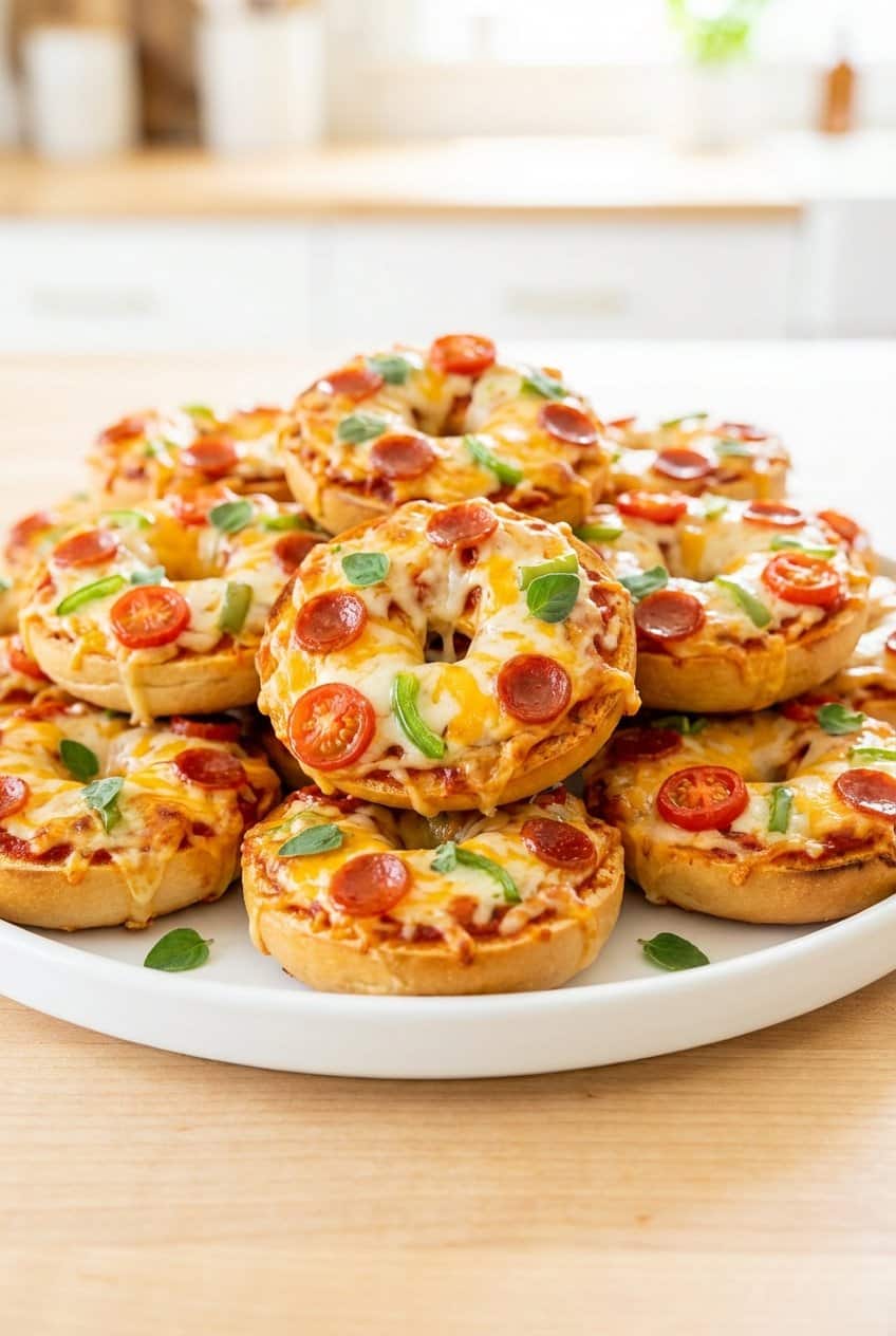 Close up of pizza bagel bites with stretchy melted cheese
