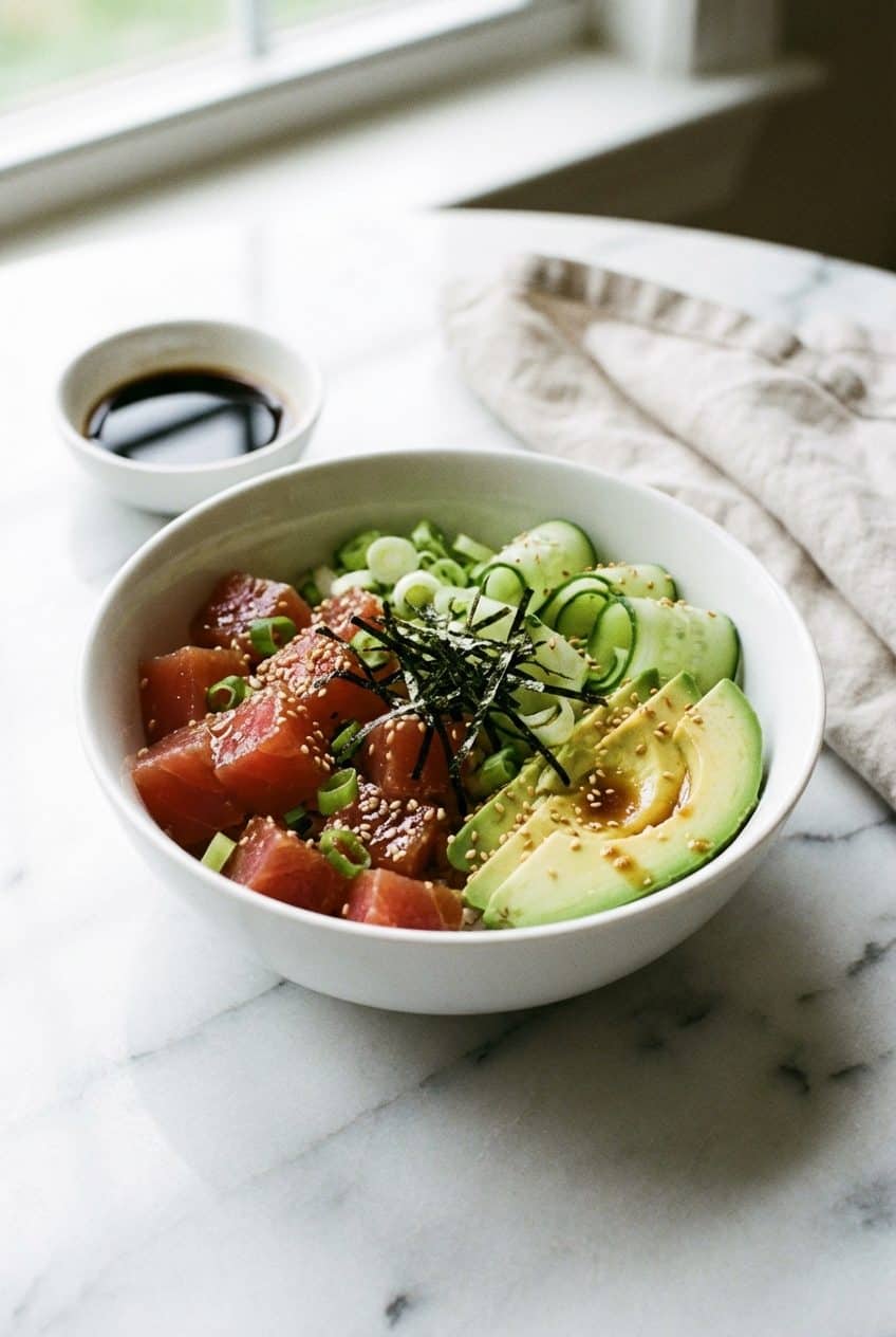 Homemade poke bowl with ahi tuna, avocado, and mango