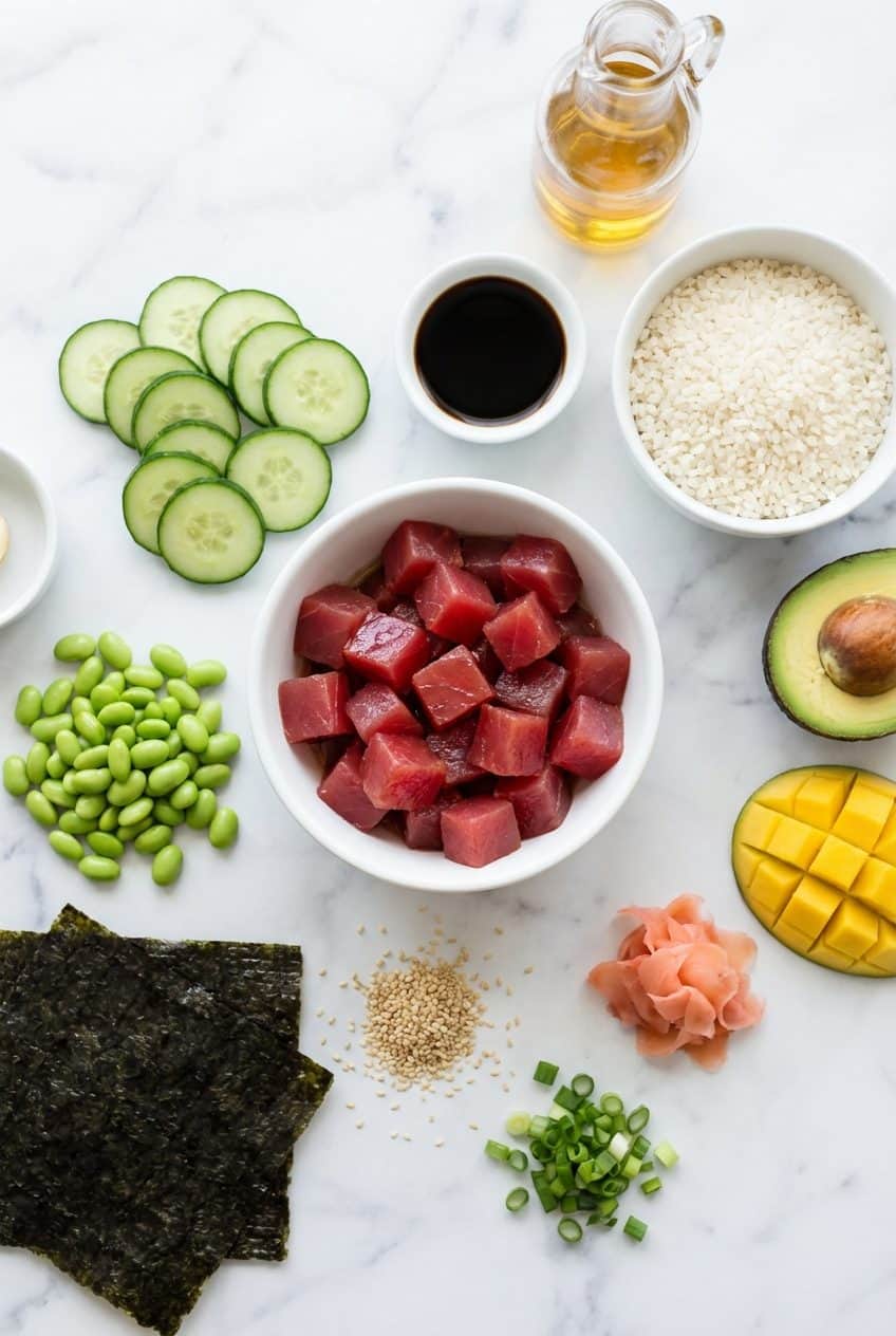 Raw ingredients for poke bowl in white bowls on marble