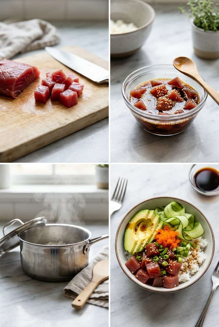 Step by step process of making poke bowl