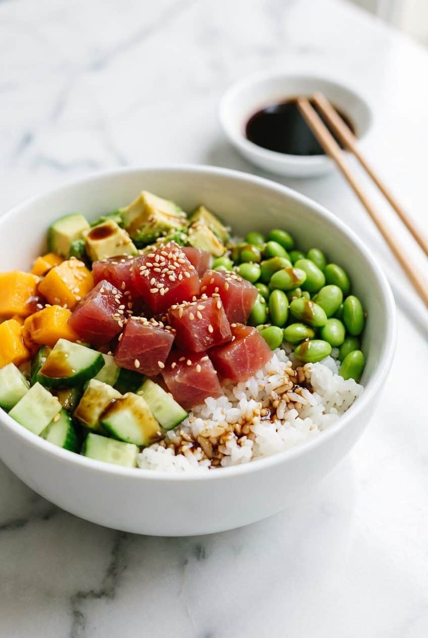 Single serving poke bowl with tuna, avocado, and sesame seeds