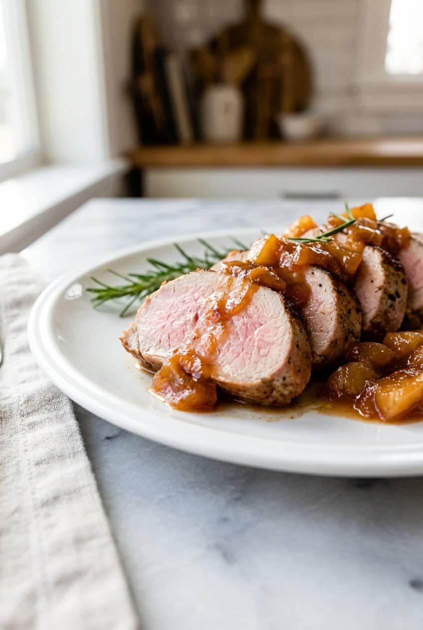 Close up of Pork Tenderloin With Apple Sauce