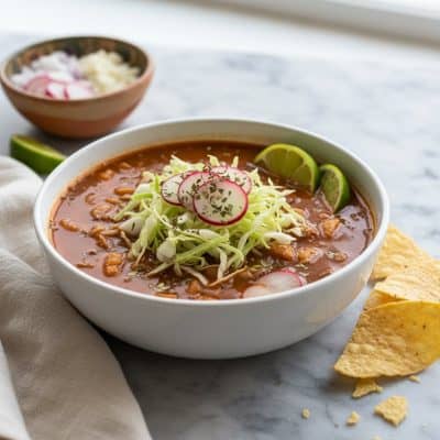 Pozole rojo Mexican soup in a white bowl on marble