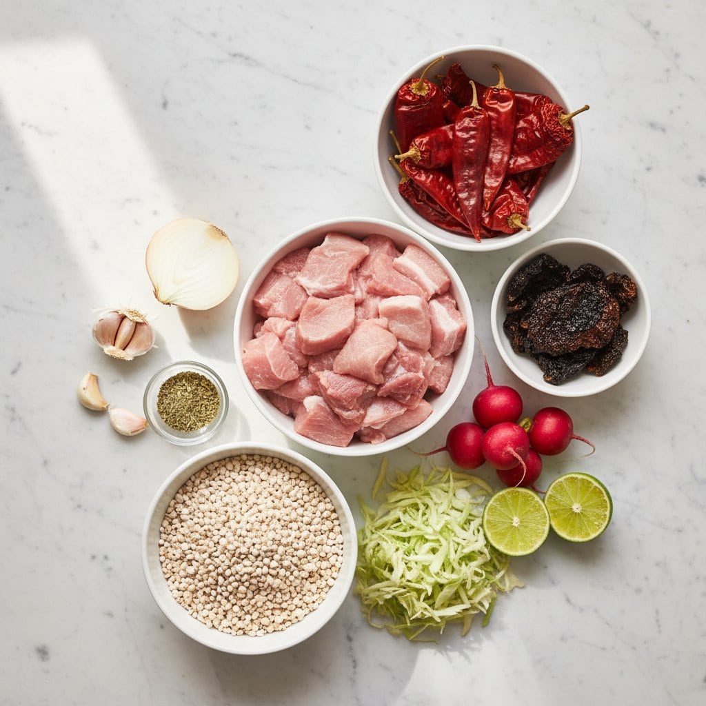 Raw ingredients for pozole rojo