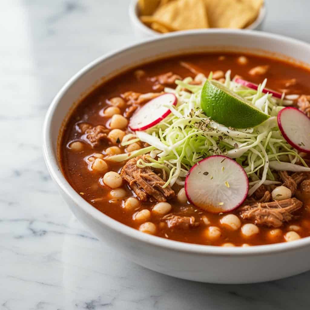 Close up of pozole rojo with hominy and toppings