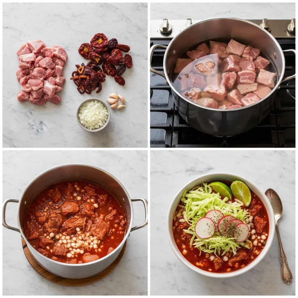 Step by step process of making pozole rojo