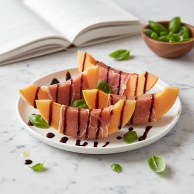 Prosciutto wrapped melon on a white ceramic plate on marble