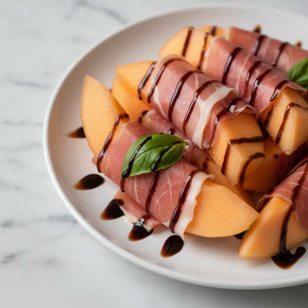 Close up of prosciutto wrapped melon