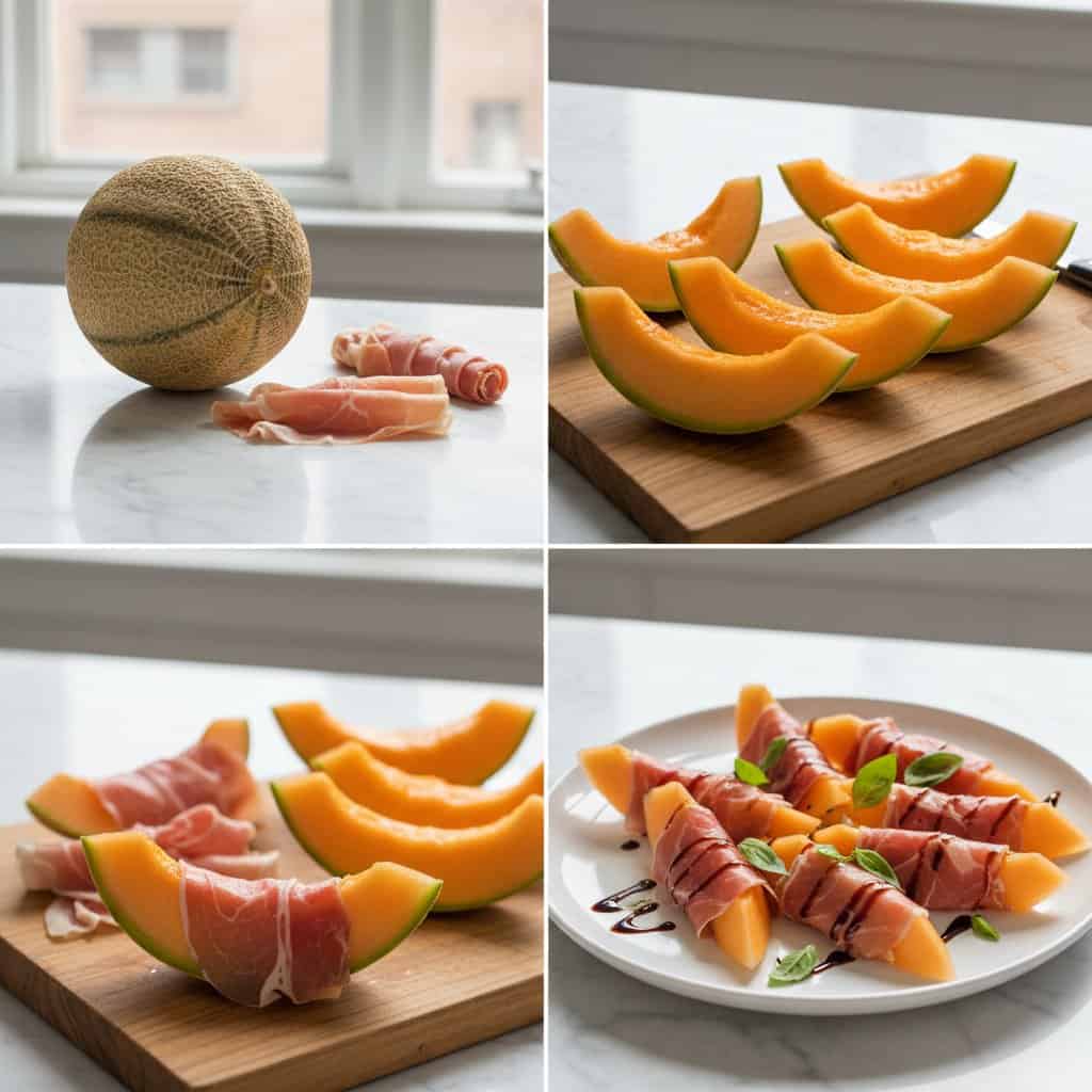 Step by step process for prosciutto wrapped melon