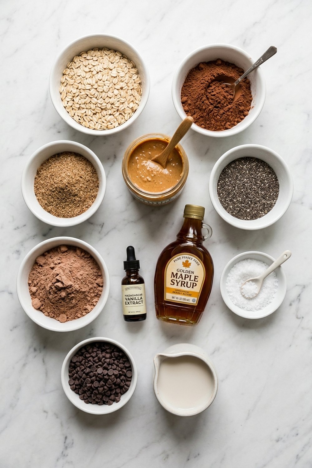 Flat lay of ingredients for chocolate peanut butter protein balls on white marble