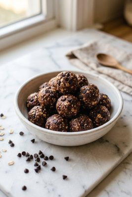 Chocolate peanut butter protein balls in white bowl with chocolate chips