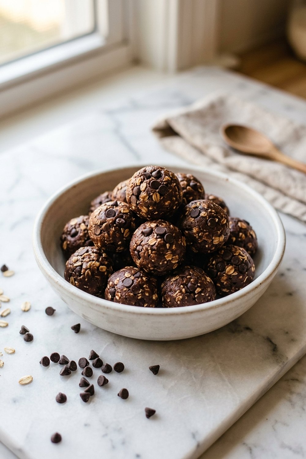 Chocolate peanut butter protein balls in white bowl with chocolate chips