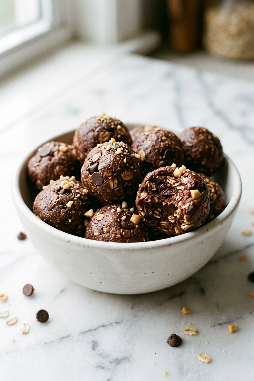 Close up of chocolate peanut butter protein ball halved showing fudgy interior