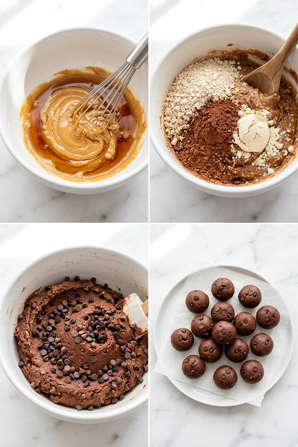 Four step process collage for chocolate peanut butter protein balls
