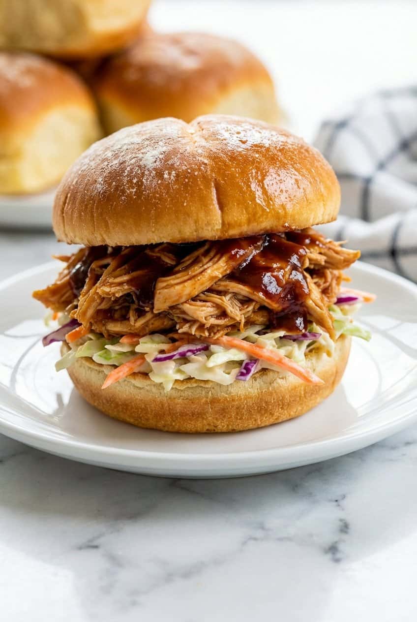 Extreme close up of pulled chicken slider showing shredded chicken coleslaw and BBQ sauce layers