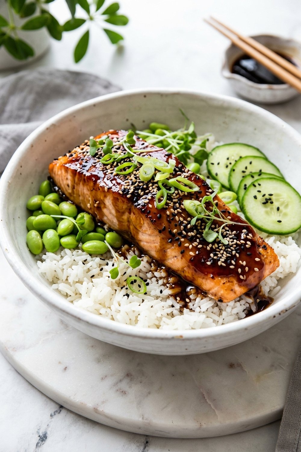 Salmon Teriyaki Rice Bowls close up
