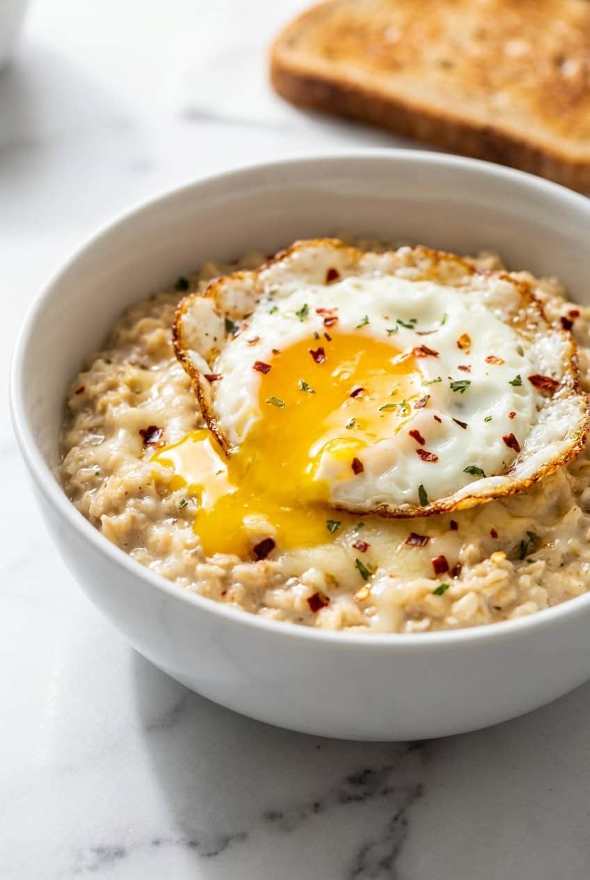 Close up of Savory Oatmeal with Egg
